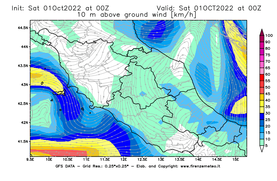 Mappa di analisi GFS - Velocità del vento a 10 metri dal suolo [km/h] in Centro-Italia
							del 01/10/2022 00 <!--googleoff: index-->UTC<!--googleon: index-->