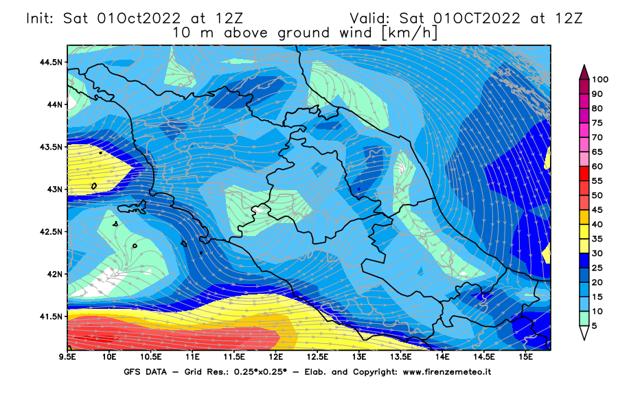 Mappa di analisi GFS - Velocità del vento a 10 metri dal suolo [km/h] in Centro-Italia
							del 01/10/2022 12 <!--googleoff: index-->UTC<!--googleon: index-->