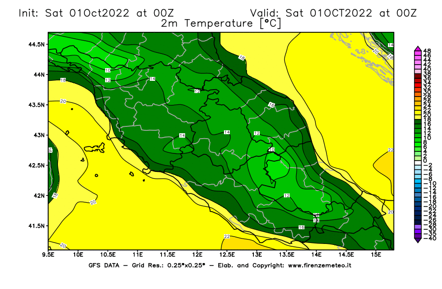 Mappa di analisi GFS - Temperatura a 2 metri dal suolo [°C] in Centro-Italia
							del 01/10/2022 00 <!--googleoff: index-->UTC<!--googleon: index-->