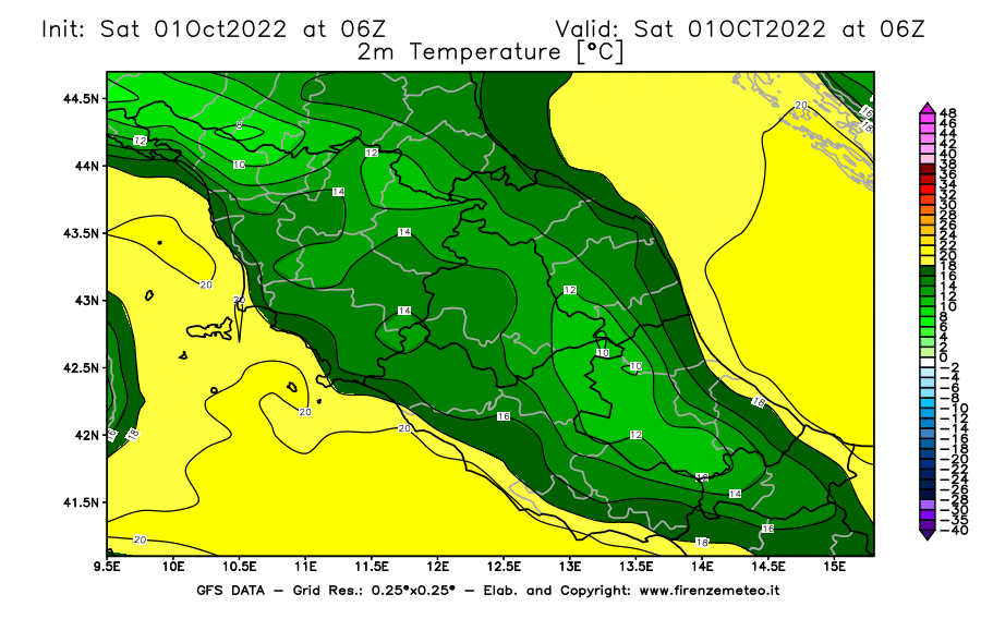 Mappa di analisi GFS - Temperatura a 2 metri dal suolo [°C] in Centro-Italia
							del 01/10/2022 06 <!--googleoff: index-->UTC<!--googleon: index-->