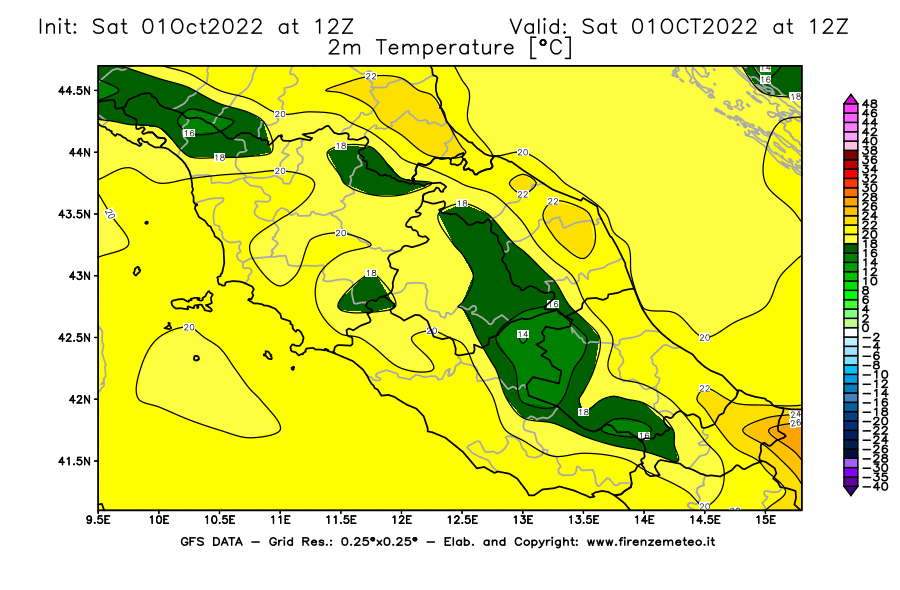 Mappa di analisi GFS - Temperatura a 2 metri dal suolo [°C] in Centro-Italia
							del 01/10/2022 12 <!--googleoff: index-->UTC<!--googleon: index-->