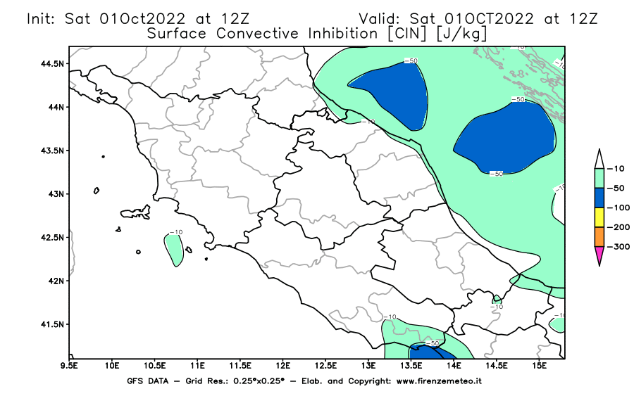 Mappa di analisi GFS - CIN [J/kg] in Centro-Italia
							del 01/10/2022 12 <!--googleoff: index-->UTC<!--googleon: index-->