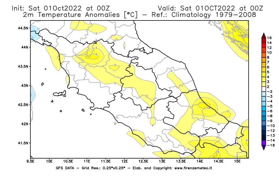 Mappa di analisi GFS - Anomalia Temperatura [°C] a 2 m in Centro-Italia
							del 01/10/2022 00 <!--googleoff: index-->UTC<!--googleon: index-->