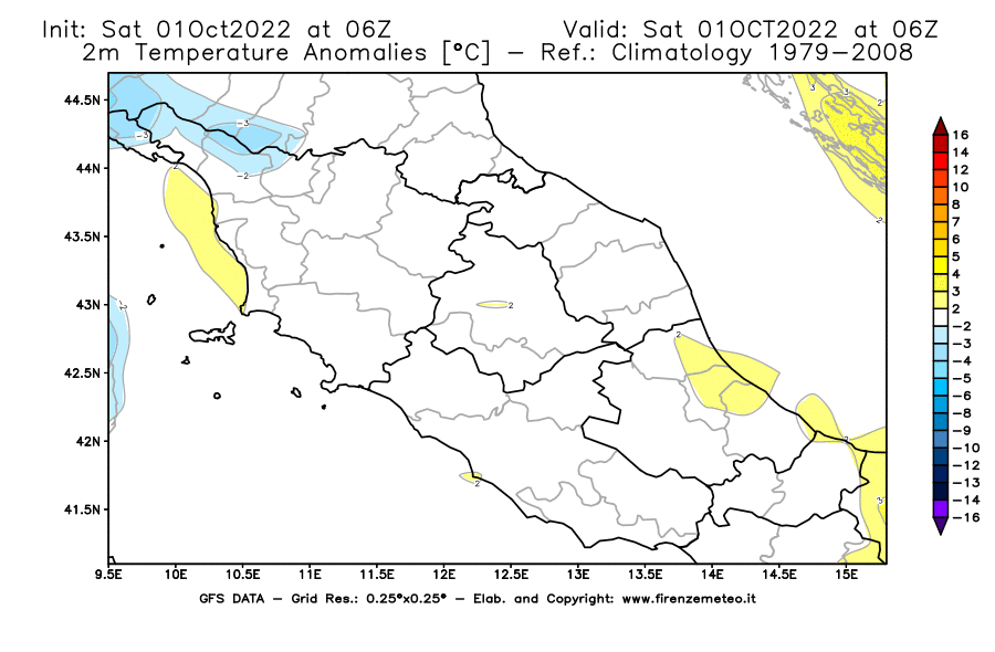 Mappa di analisi GFS - Anomalia Temperatura [°C] a 2 m in Centro-Italia
							del 01/10/2022 06 <!--googleoff: index-->UTC<!--googleon: index-->