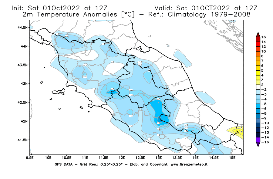Mappa di analisi GFS - Anomalia Temperatura [°C] a 2 m in Centro-Italia
							del 01/10/2022 12 <!--googleoff: index-->UTC<!--googleon: index-->