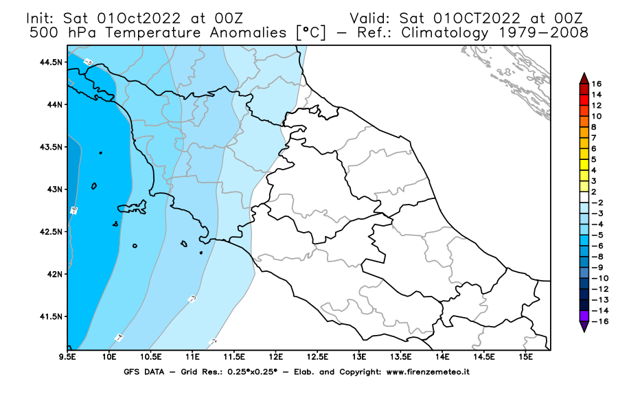 Mappa di analisi GFS - Anomalia Temperatura [°C] a 500 hPa in Centro-Italia
							del 01/10/2022 00 <!--googleoff: index-->UTC<!--googleon: index-->