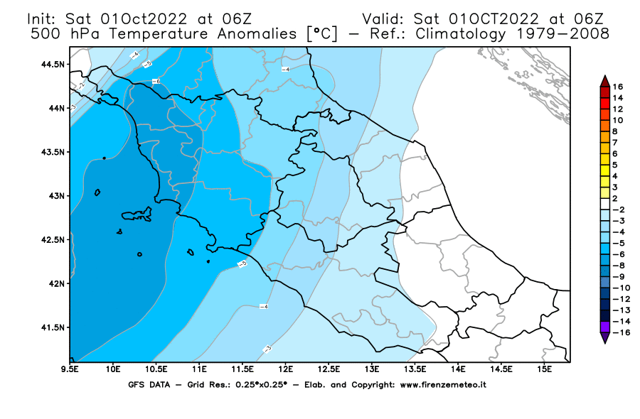 Mappa di analisi GFS - Anomalia Temperatura [°C] a 500 hPa in Centro-Italia
							del 01/10/2022 06 <!--googleoff: index-->UTC<!--googleon: index-->