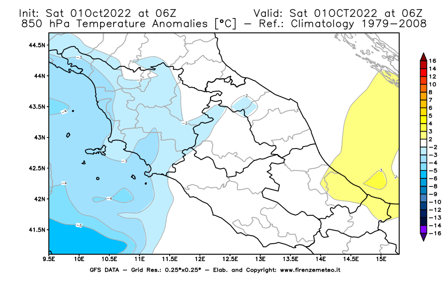 Mappa di analisi GFS - Anomalia Temperatura [°C] a 850 hPa in Centro-Italia
							del 01/10/2022 06 <!--googleoff: index-->UTC<!--googleon: index-->