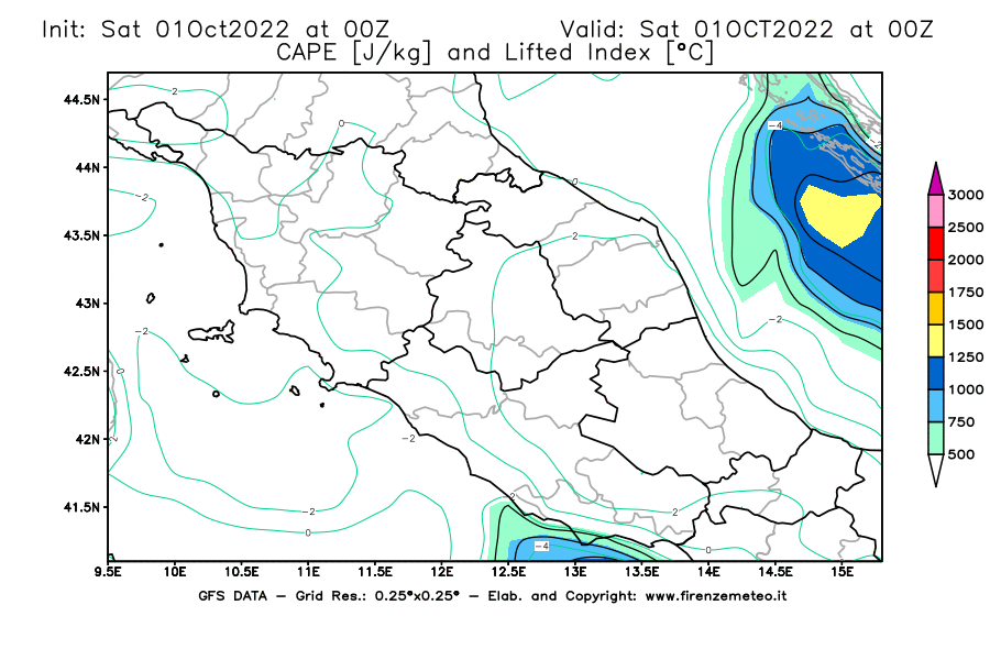 Mappa di analisi GFS - CAPE [J/kg] e Lifted Index [°C] in Centro-Italia
							del 01/10/2022 00 <!--googleoff: index-->UTC<!--googleon: index-->
