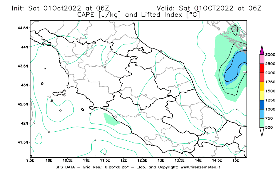 Mappa di analisi GFS - CAPE [J/kg] e Lifted Index [°C] in Centro-Italia
							del 01/10/2022 06 <!--googleoff: index-->UTC<!--googleon: index-->