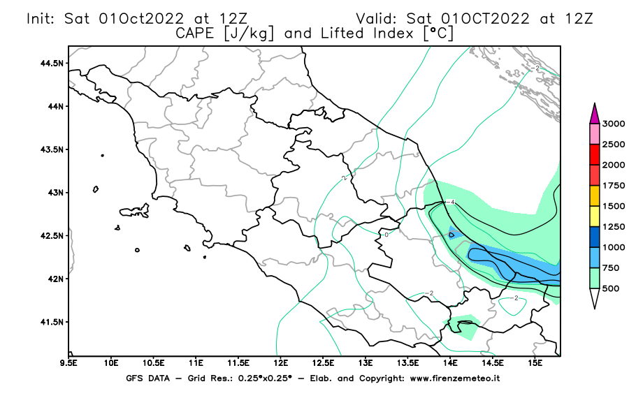 Mappa di analisi GFS - CAPE [J/kg] e Lifted Index [°C] in Centro-Italia
							del 01/10/2022 12 <!--googleoff: index-->UTC<!--googleon: index-->