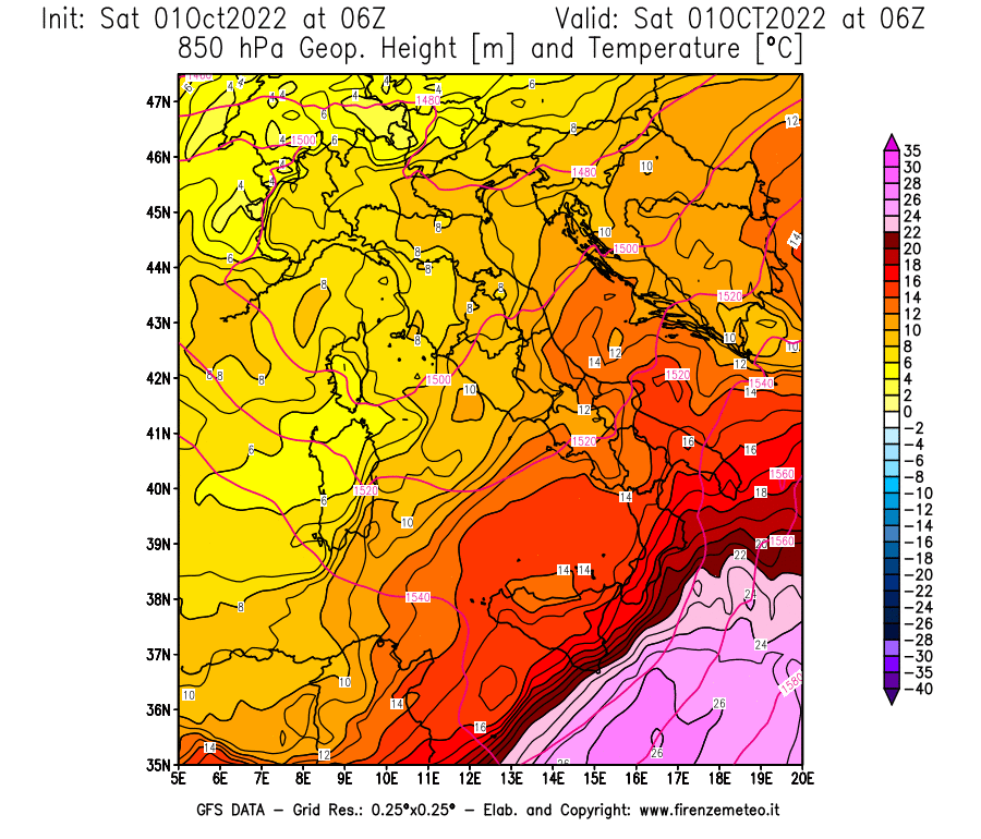 Mappa di analisi GFS - Geopotenziale [m] e Temperatura [°C] a 850 hPa in Italia
							del 01/10/2022 06 <!--googleoff: index-->UTC<!--googleon: index-->