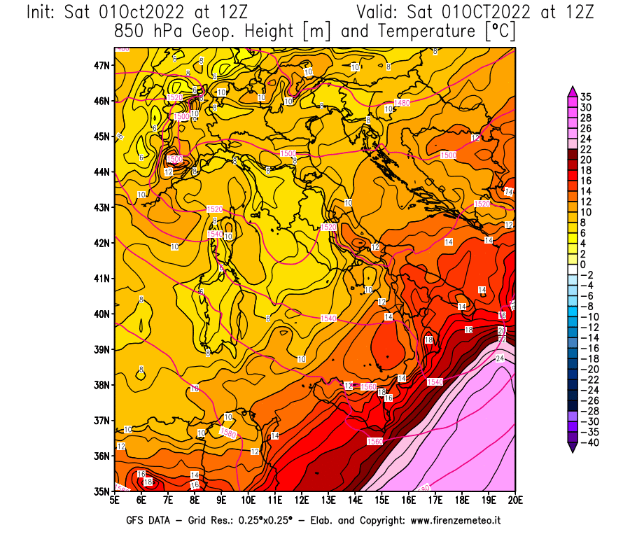 Mappa di analisi GFS - Geopotenziale [m] e Temperatura [°C] a 850 hPa in Italia
							del 01/10/2022 12 <!--googleoff: index-->UTC<!--googleon: index-->