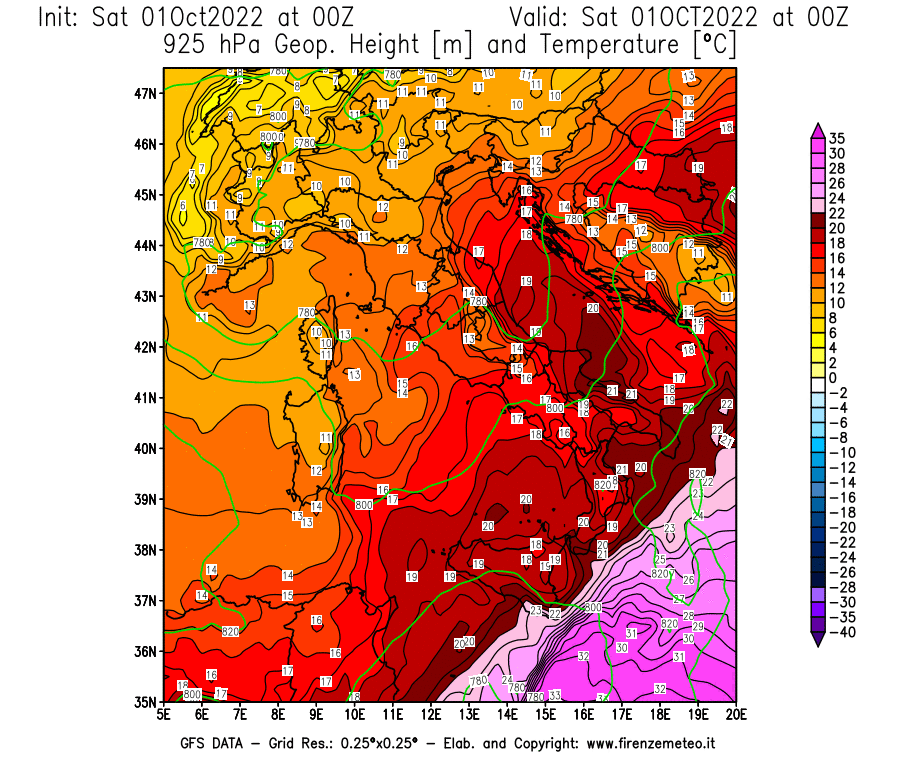 Mappa di analisi GFS - Geopotenziale [m] e Temperatura [°C] a 925 hPa in Italia
							del 01/10/2022 00 <!--googleoff: index-->UTC<!--googleon: index-->