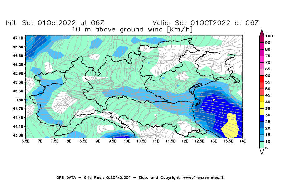 Mappa di analisi GFS - Velocità del vento a 10 metri dal suolo [km/h] in Nord-Italia
							del 01/10/2022 06 <!--googleoff: index-->UTC<!--googleon: index-->