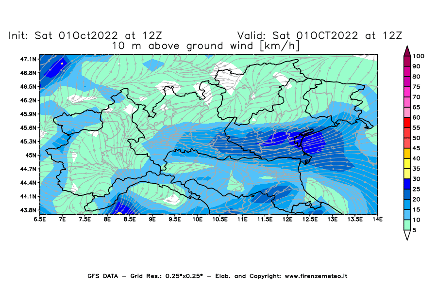 Mappa di analisi GFS - Velocità del vento a 10 metri dal suolo [km/h] in Nord-Italia
							del 01/10/2022 12 <!--googleoff: index-->UTC<!--googleon: index-->