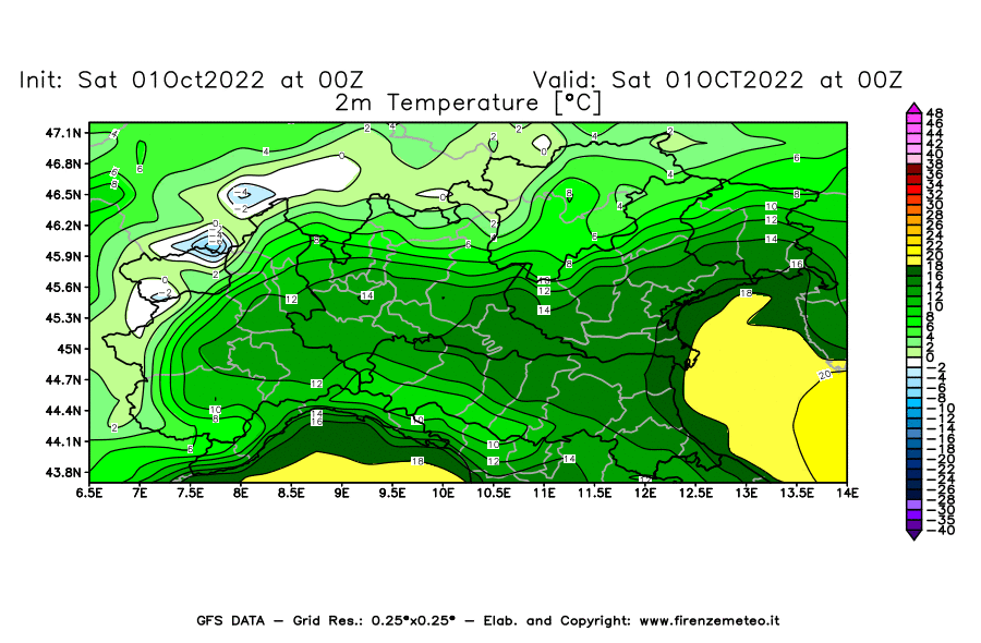 Mappa di analisi GFS - Temperatura a 2 metri dal suolo [°C] in Nord-Italia
							del 01/10/2022 00 <!--googleoff: index-->UTC<!--googleon: index-->