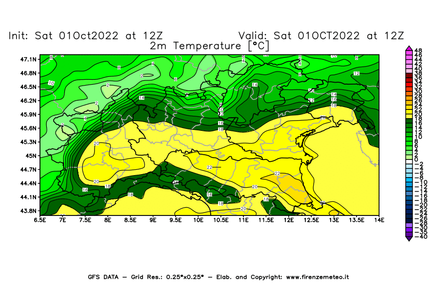 Mappa di analisi GFS - Temperatura a 2 metri dal suolo [°C] in Nord-Italia
							del 01/10/2022 12 <!--googleoff: index-->UTC<!--googleon: index-->