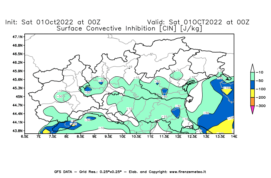 Mappa di analisi GFS - CIN [J/kg] in Nord-Italia
							del 01/10/2022 00 <!--googleoff: index-->UTC<!--googleon: index-->