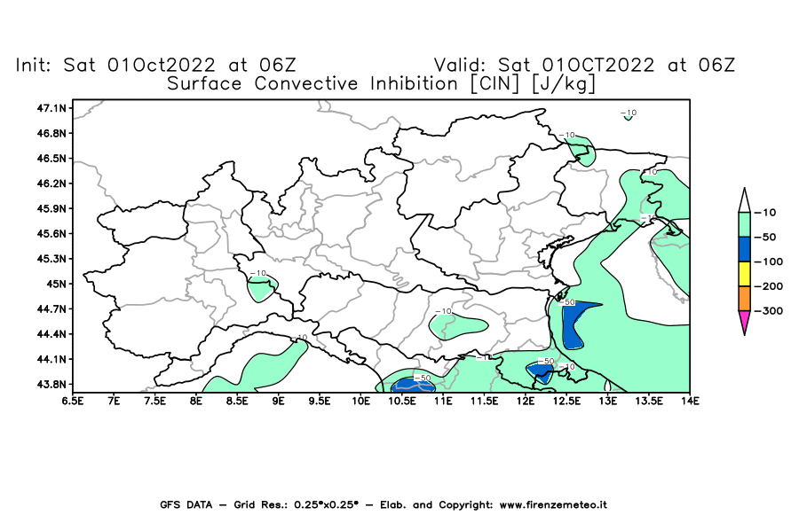 Mappa di analisi GFS - CIN [J/kg] in Nord-Italia
							del 01/10/2022 06 <!--googleoff: index-->UTC<!--googleon: index-->