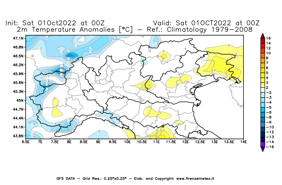 Mappa di analisi GFS - Anomalia Temperatura [°C] a 2 m in Nord-Italia
							del 01/10/2022 00 <!--googleoff: index-->UTC<!--googleon: index-->