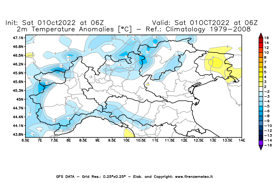 Mappa di analisi GFS - Anomalia Temperatura [°C] a 2 m in Nord-Italia
							del 01/10/2022 06 <!--googleoff: index-->UTC<!--googleon: index-->