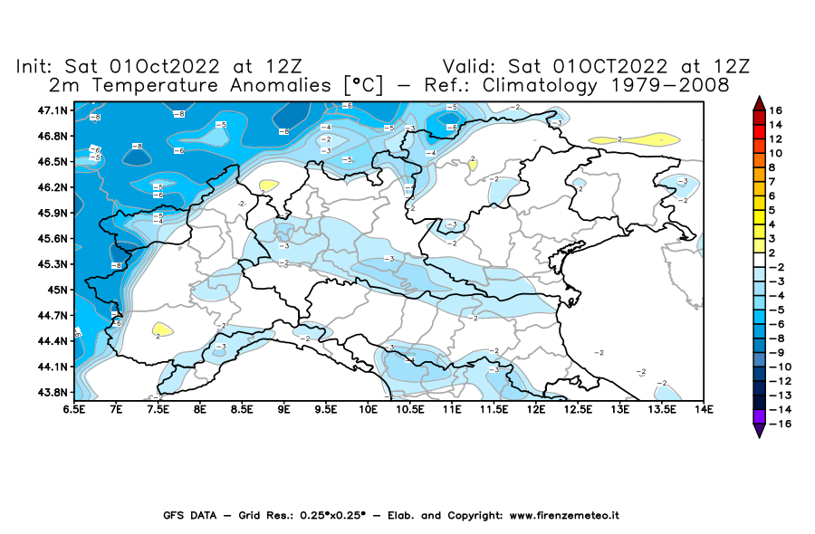Mappa di analisi GFS - Anomalia Temperatura [°C] a 2 m in Nord-Italia
							del 01/10/2022 12 <!--googleoff: index-->UTC<!--googleon: index-->