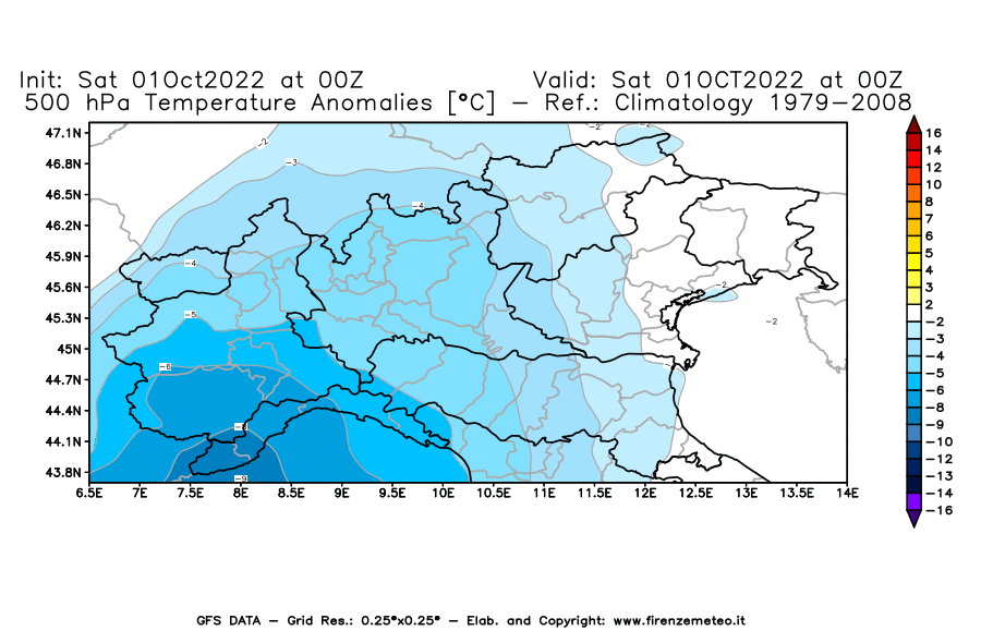 Mappa di analisi GFS - Anomalia Temperatura [°C] a 500 hPa in Nord-Italia
							del 01/10/2022 00 <!--googleoff: index-->UTC<!--googleon: index-->
