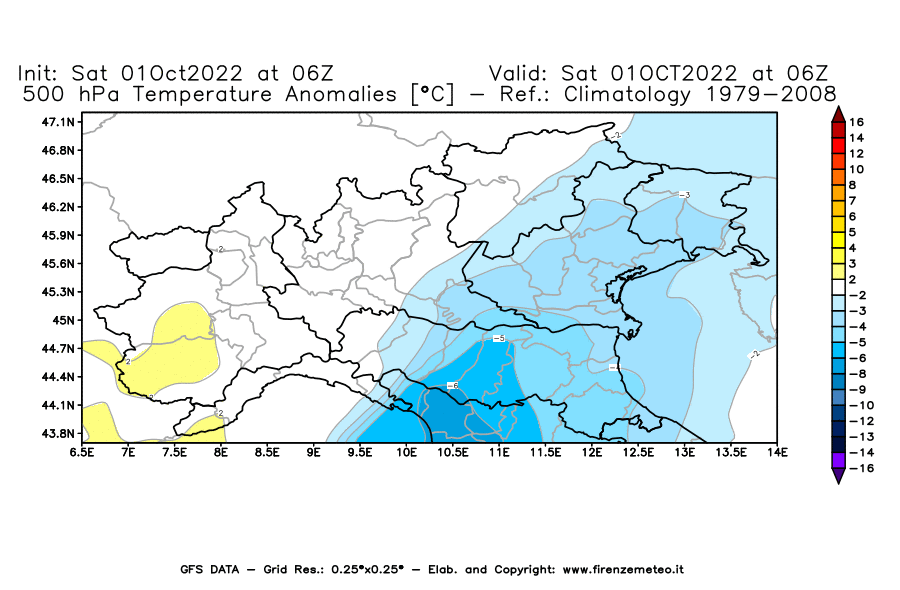 Mappa di analisi GFS - Anomalia Temperatura [°C] a 500 hPa in Nord-Italia
							del 01/10/2022 06 <!--googleoff: index-->UTC<!--googleon: index-->