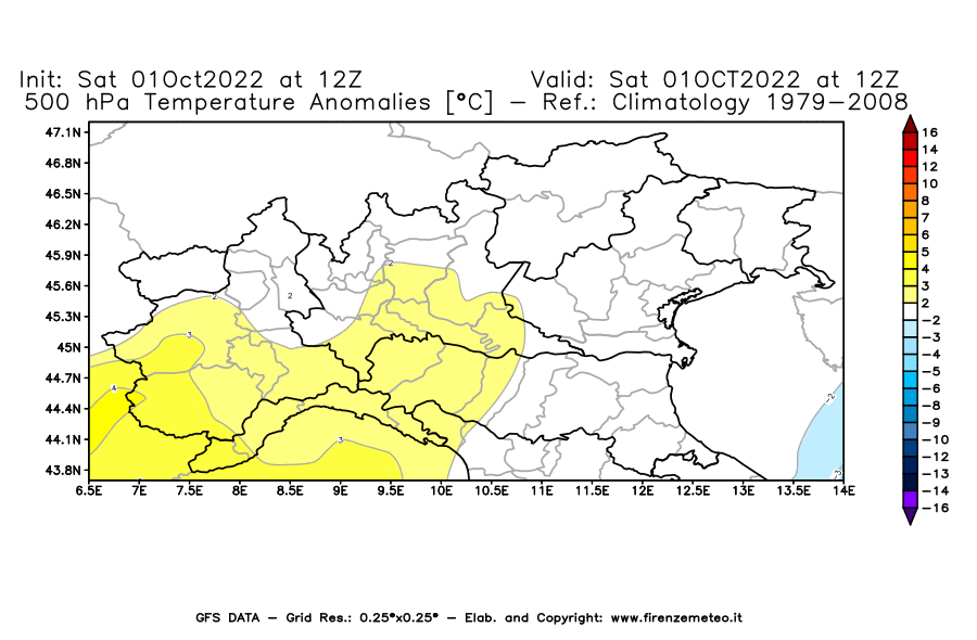 Mappa di analisi GFS - Anomalia Temperatura [°C] a 500 hPa in Nord-Italia
							del 01/10/2022 12 <!--googleoff: index-->UTC<!--googleon: index-->