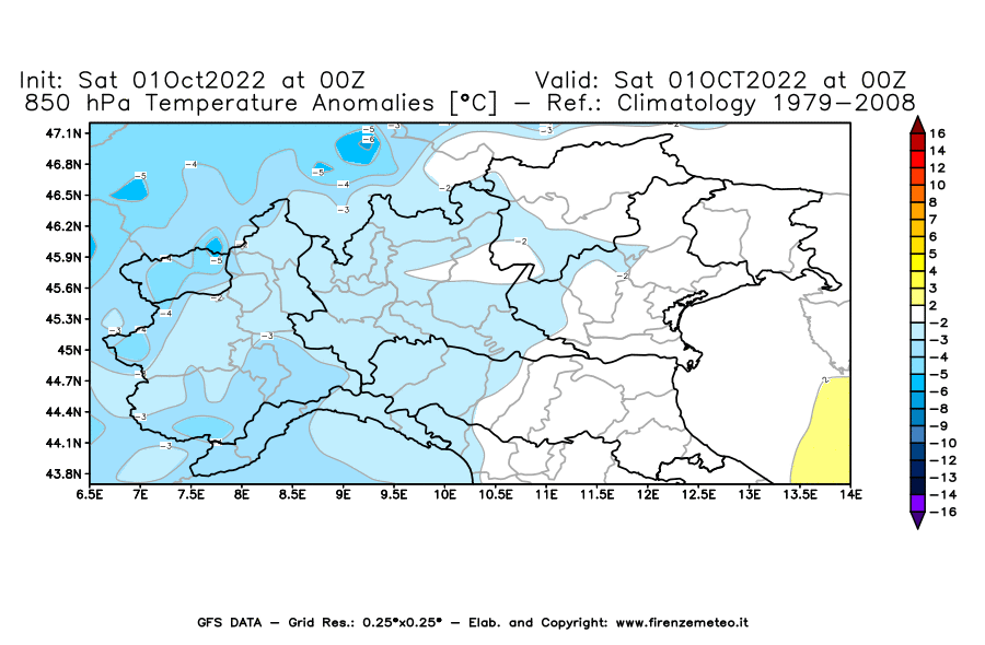 Mappa di analisi GFS - Anomalia Temperatura [°C] a 850 hPa in Nord-Italia
							del 01/10/2022 00 <!--googleoff: index-->UTC<!--googleon: index-->
