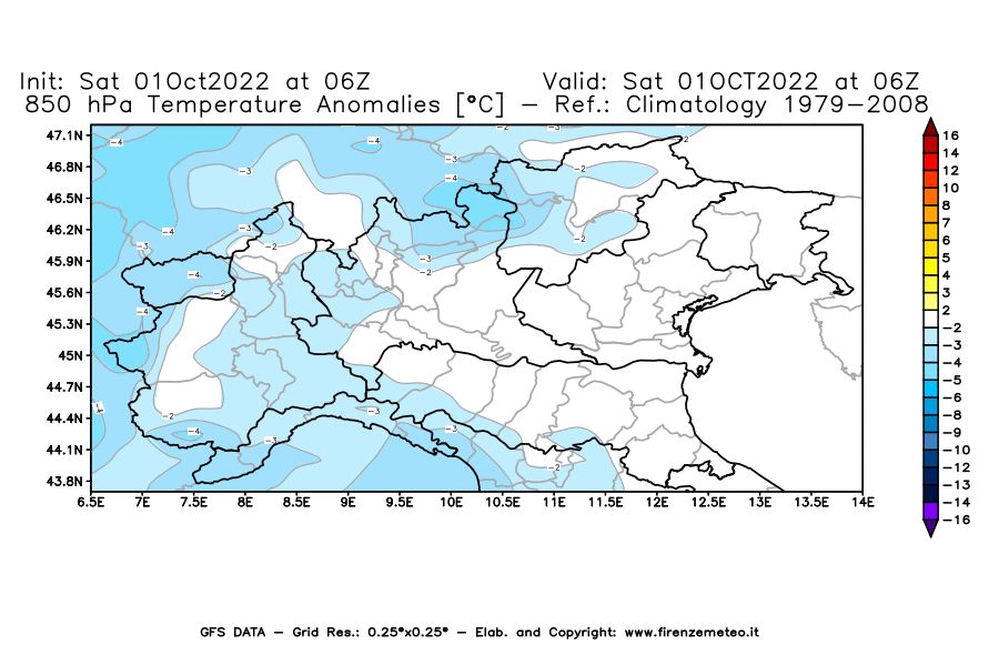 Mappa di analisi GFS - Anomalia Temperatura [°C] a 850 hPa in Nord-Italia
							del 01/10/2022 06 <!--googleoff: index-->UTC<!--googleon: index-->