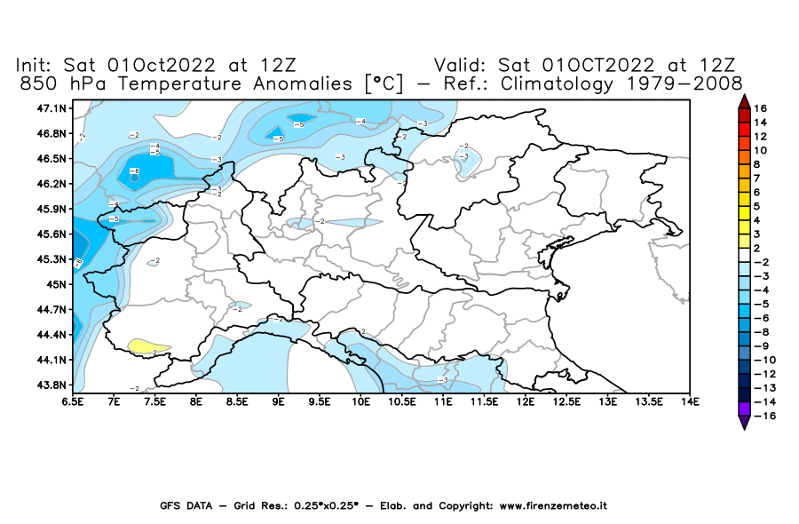 Mappa di analisi GFS - Anomalia Temperatura [°C] a 850 hPa in Nord-Italia
							del 01/10/2022 12 <!--googleoff: index-->UTC<!--googleon: index-->