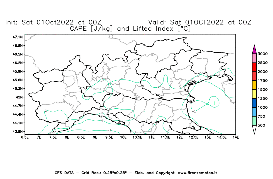 Mappa di analisi GFS - CAPE [J/kg] e Lifted Index [°C] in Nord-Italia
							del 01/10/2022 00 <!--googleoff: index-->UTC<!--googleon: index-->