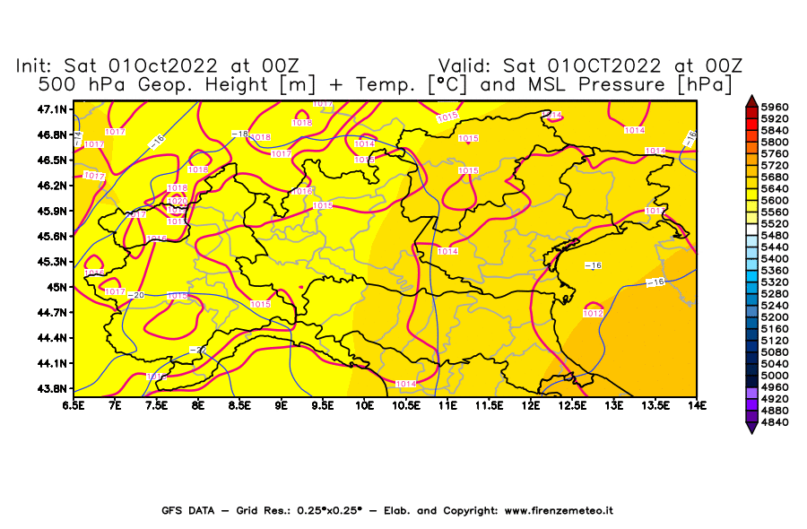 Mappa di analisi GFS - Geopotenziale [m] + Temp. [°C] a 500 hPa + Press. a livello del mare [hPa] in Nord-Italia
							del 01/10/2022 00 <!--googleoff: index-->UTC<!--googleon: index-->