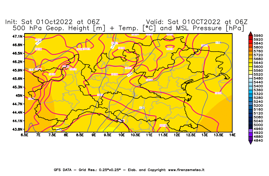 Mappa di analisi GFS - Geopotenziale [m] + Temp. [°C] a 500 hPa + Press. a livello del mare [hPa] in Nord-Italia
							del 01/10/2022 06 <!--googleoff: index-->UTC<!--googleon: index-->