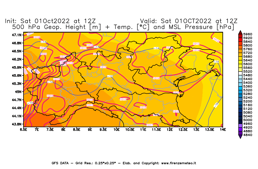 Mappa di analisi GFS - Geopotenziale [m] + Temp. [°C] a 500 hPa + Press. a livello del mare [hPa] in Nord-Italia
							del 01/10/2022 12 <!--googleoff: index-->UTC<!--googleon: index-->