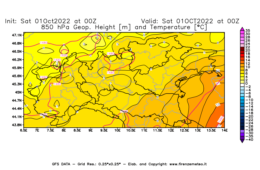 Mappa di analisi GFS - Geopotenziale [m] e Temperatura [°C] a 850 hPa in Nord-Italia
							del 01/10/2022 00 <!--googleoff: index-->UTC<!--googleon: index-->