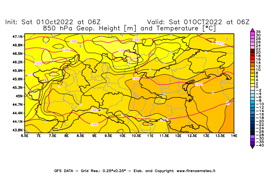 Mappa di analisi GFS - Geopotenziale [m] e Temperatura [°C] a 850 hPa in Nord-Italia
							del 01/10/2022 06 <!--googleoff: index-->UTC<!--googleon: index-->