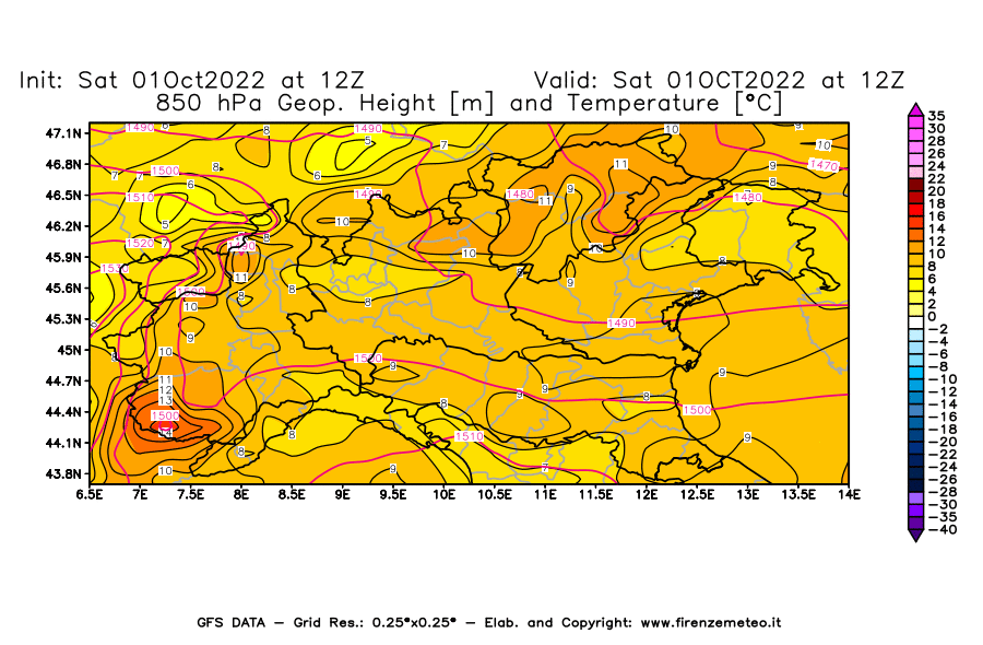 Mappa di analisi GFS - Geopotenziale [m] e Temperatura [°C] a 850 hPa in Nord-Italia
							del 01/10/2022 12 <!--googleoff: index-->UTC<!--googleon: index-->