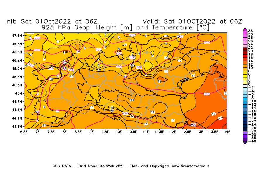 Mappa di analisi GFS - Geopotenziale [m] e Temperatura [°C] a 925 hPa in Nord-Italia
							del 01/10/2022 06 <!--googleoff: index-->UTC<!--googleon: index-->