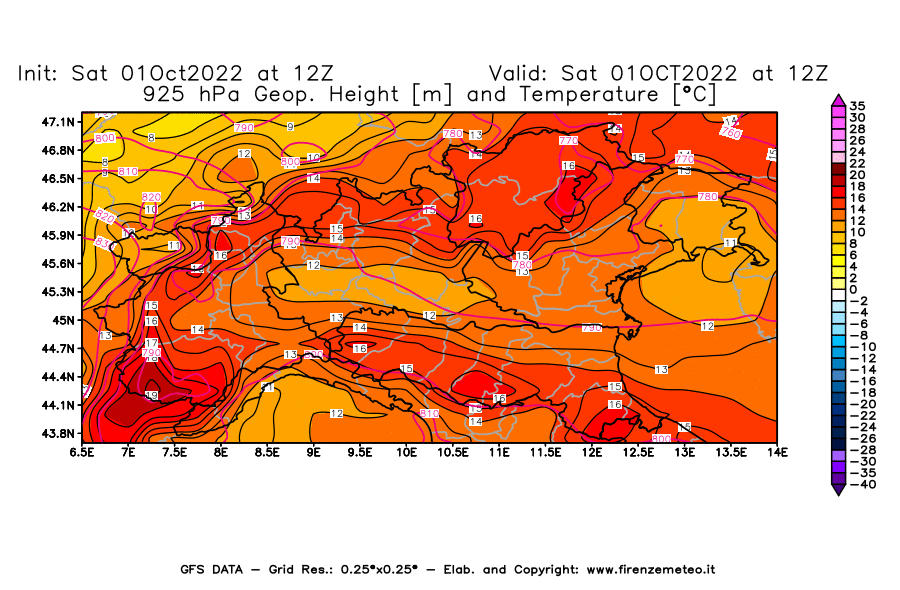 Mappa di analisi GFS - Geopotenziale [m] e Temperatura [°C] a 925 hPa in Nord-Italia
							del 01/10/2022 12 <!--googleoff: index-->UTC<!--googleon: index-->