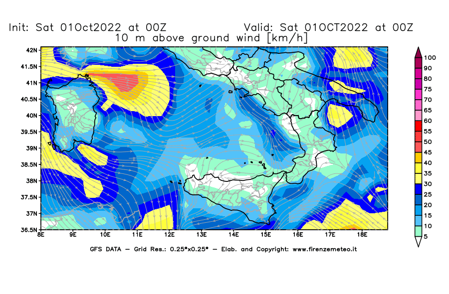 Mappa di analisi GFS - Velocità del vento a 10 metri dal suolo [km/h] in Sud-Italia
							del 01/10/2022 00 <!--googleoff: index-->UTC<!--googleon: index-->