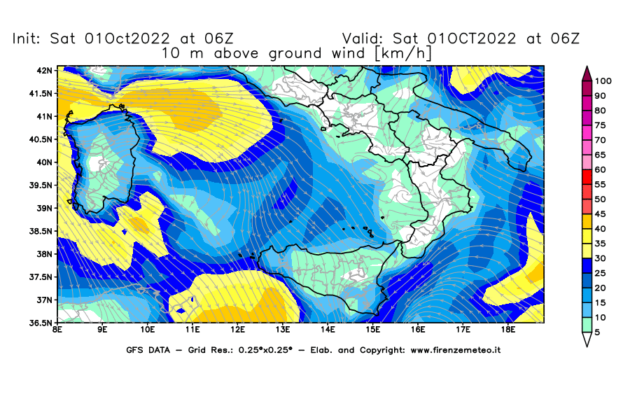 Mappa di analisi GFS - Velocità del vento a 10 metri dal suolo [km/h] in Sud-Italia
							del 01/10/2022 06 <!--googleoff: index-->UTC<!--googleon: index-->