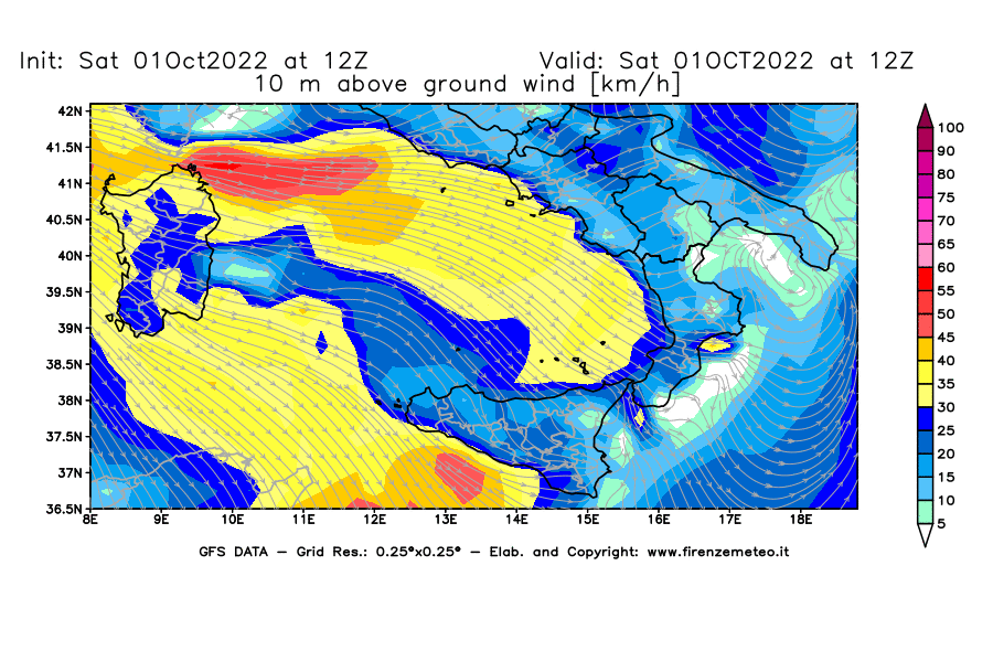 Mappa di analisi GFS - Velocità del vento a 10 metri dal suolo [km/h] in Sud-Italia
							del 01/10/2022 12 <!--googleoff: index-->UTC<!--googleon: index-->