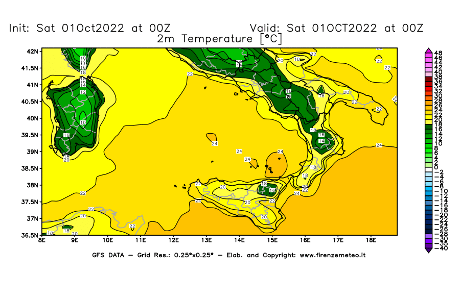 Mappa di analisi GFS - Temperatura a 2 metri dal suolo [°C] in Sud-Italia
							del 01/10/2022 00 <!--googleoff: index-->UTC<!--googleon: index-->