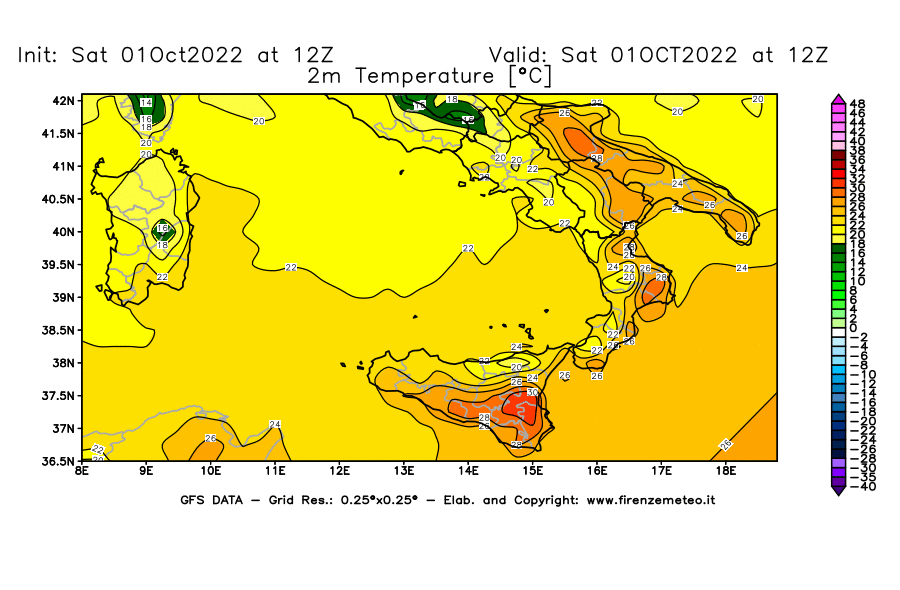 Mappa di analisi GFS - Temperatura a 2 metri dal suolo [°C] in Sud-Italia
							del 01/10/2022 12 <!--googleoff: index-->UTC<!--googleon: index-->