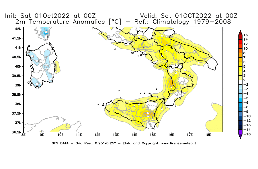 Mappa di analisi GFS - Anomalia Temperatura [°C] a 2 m in Sud-Italia
							del 01/10/2022 00 <!--googleoff: index-->UTC<!--googleon: index-->