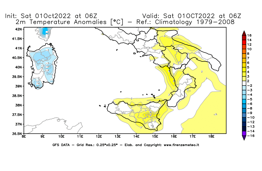 Mappa di analisi GFS - Anomalia Temperatura [°C] a 2 m in Sud-Italia
							del 01/10/2022 06 <!--googleoff: index-->UTC<!--googleon: index-->