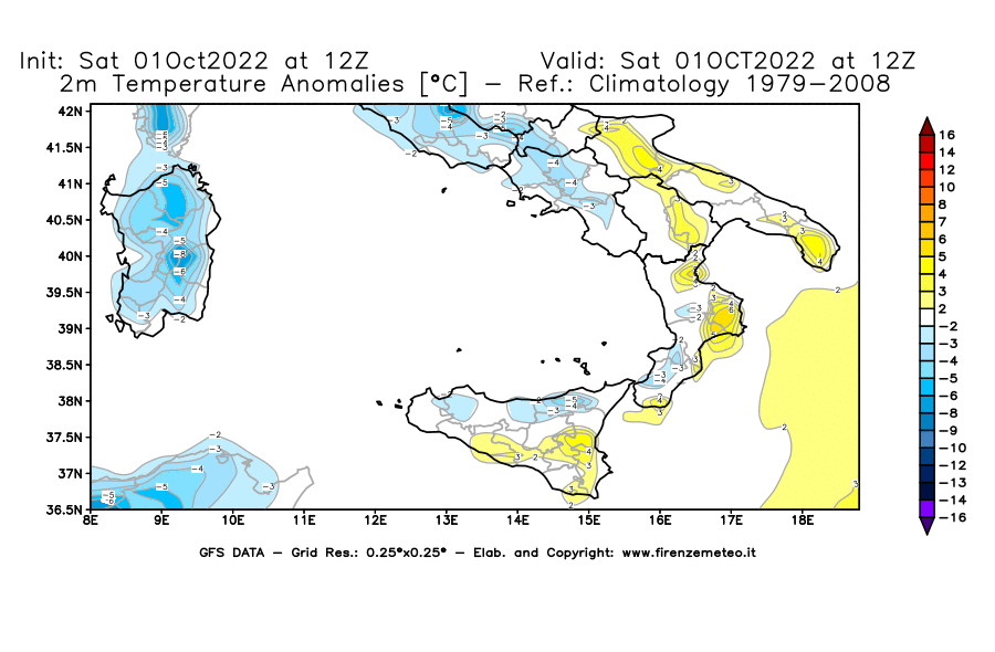 Mappa di analisi GFS - Anomalia Temperatura [°C] a 2 m in Sud-Italia
							del 01/10/2022 12 <!--googleoff: index-->UTC<!--googleon: index-->